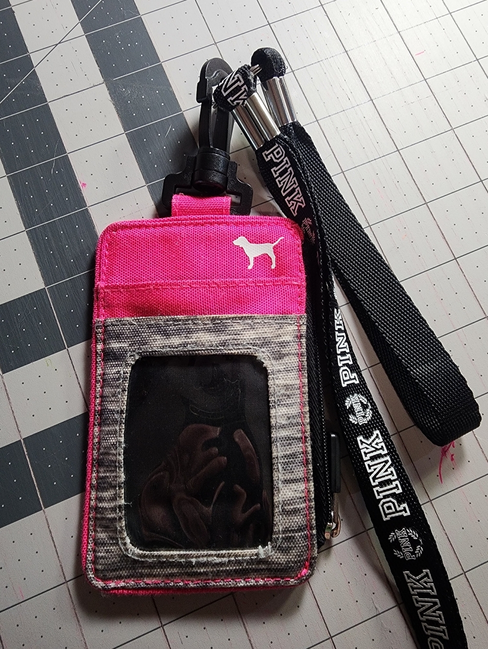 PINK Victoria's Secret Neon Pink and Gray ID Badge Holder with Branded Lanyard